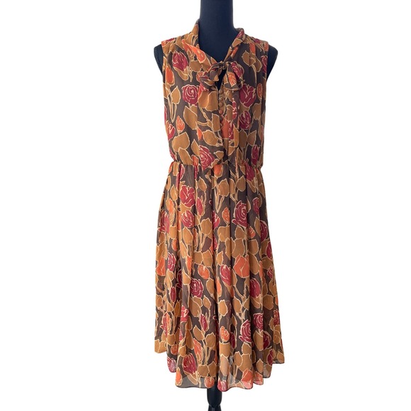 Isaac Mizrahi Floral Bow Tie Midi Dress Womens 6 Brown Orange Vintage Retro Fall - Picture 1 of 11